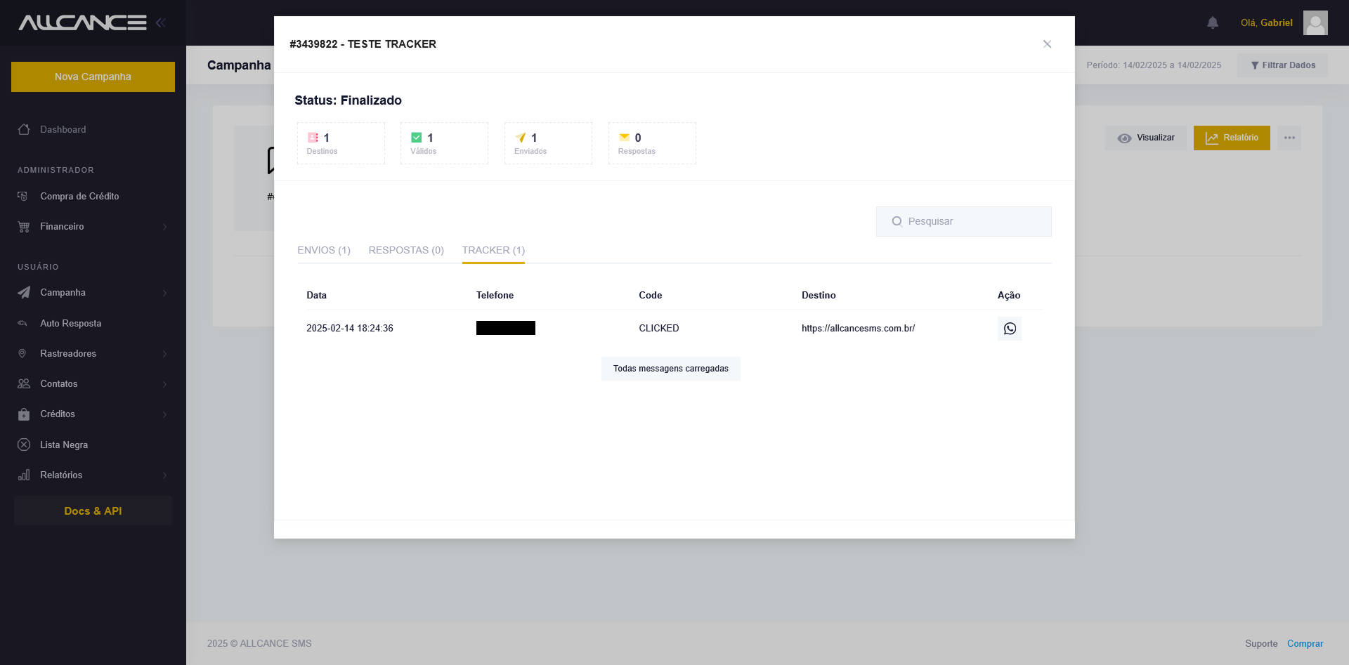 Captura de tela do modal de relatório de campanha